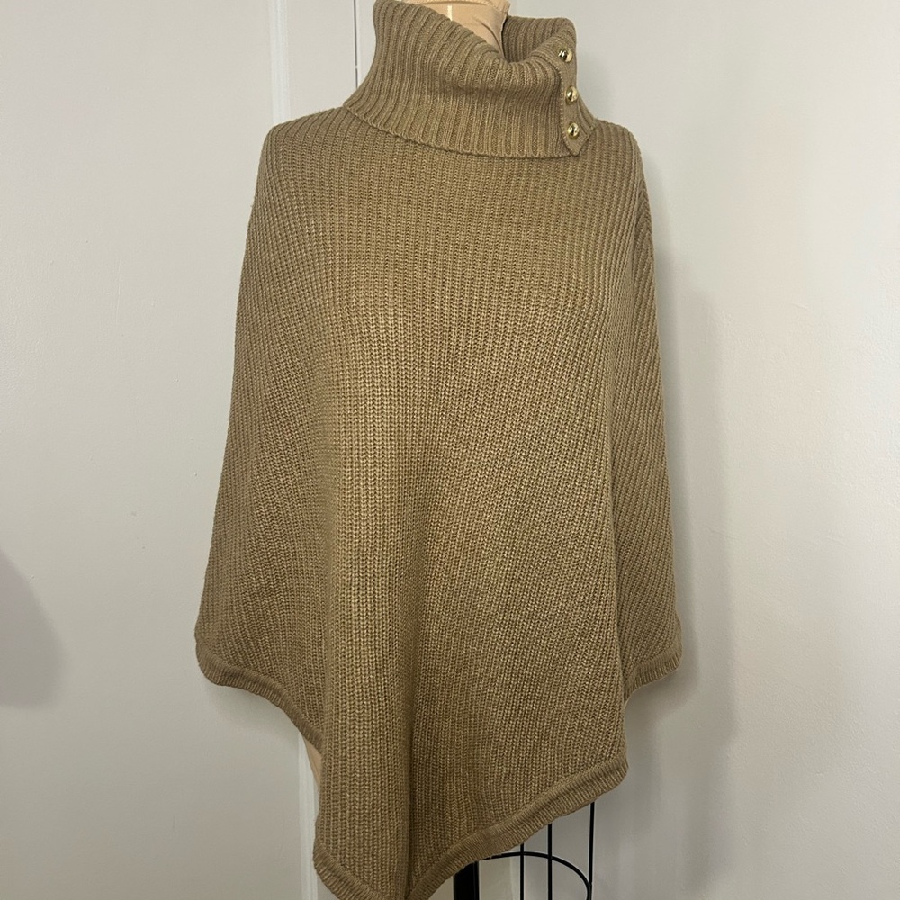 Macy's Classic Camel Knit Poncho with Gold Buttons